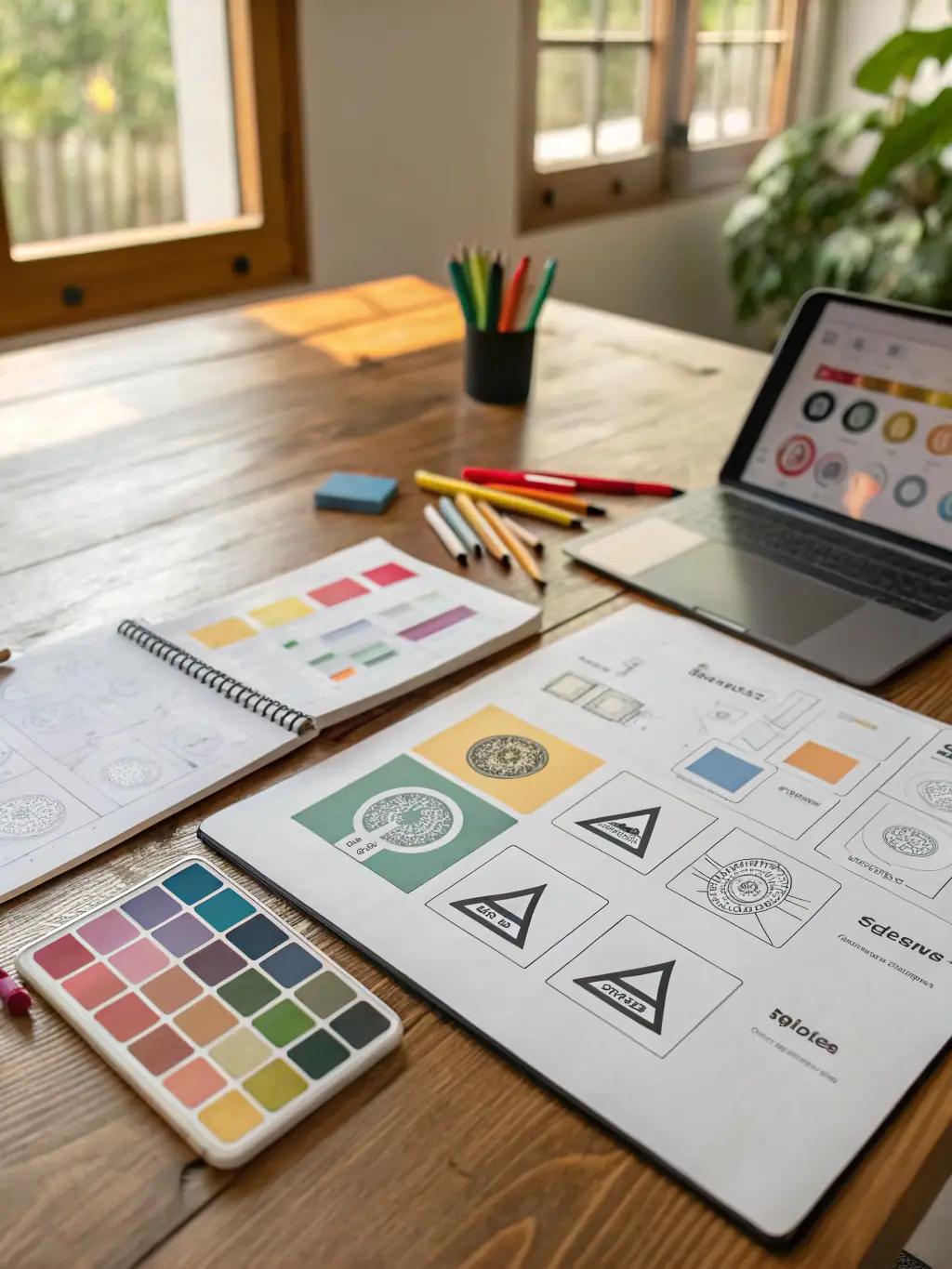 A visual representation of a brand development process, showing logo iterations, color palettes, and brand guidelines being refined by Sureline Enterprises' designers.